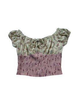 Sienna Sky Floral Smocked Crop Top Large Beige & Pink Short Puff Sleeves (JJ3)